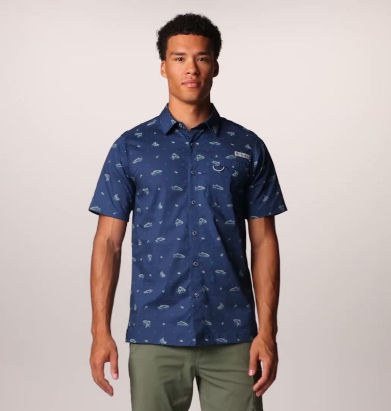 Men's PFG Wild Cast Camp Shirt, Color: Carbon Troutopia