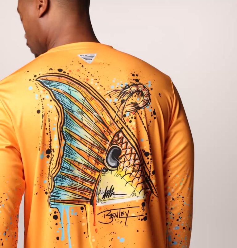 Men's Terminal Tackle PFG x Bentley Long Sleeve Shirt, Color: Summer Orange, PFG Bentley Red Tail