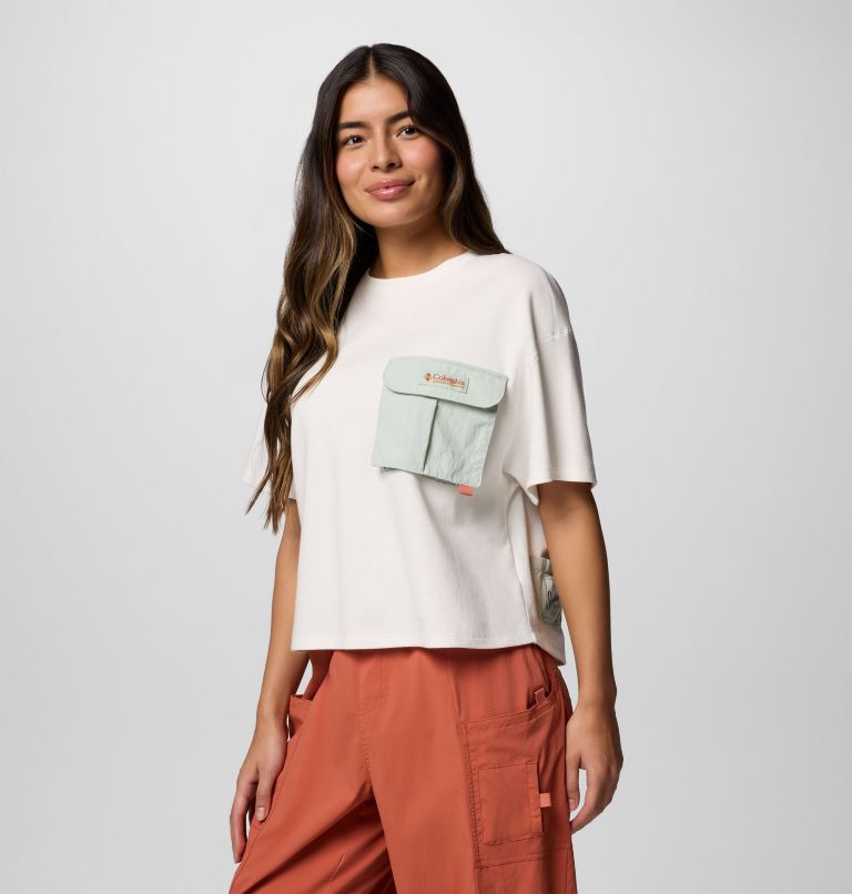 Women's Cove Beach Cropped Pocket T-Shirt, Color: Sea Salt, Cool Green, image 3