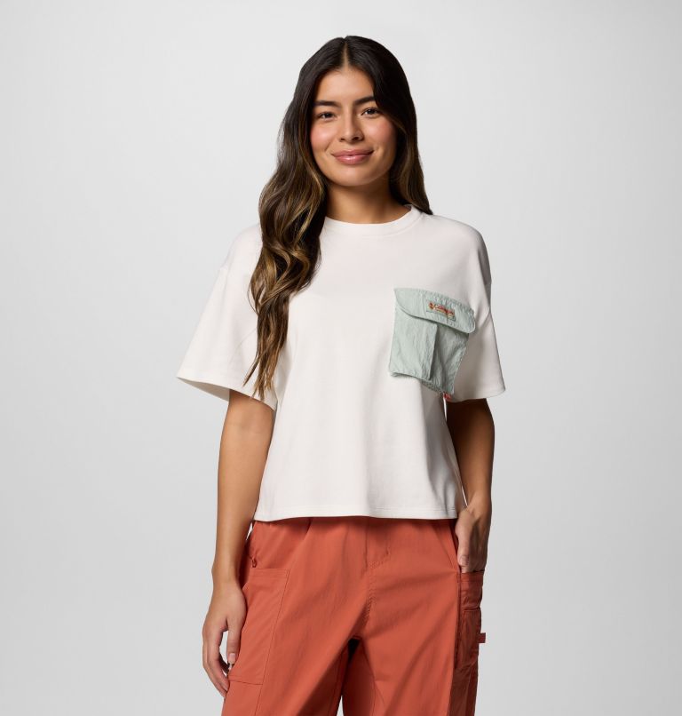 Women's Cove Beach Cropped Pocket T-Shirt, Color: Sea Salt, Cool Green, image 1