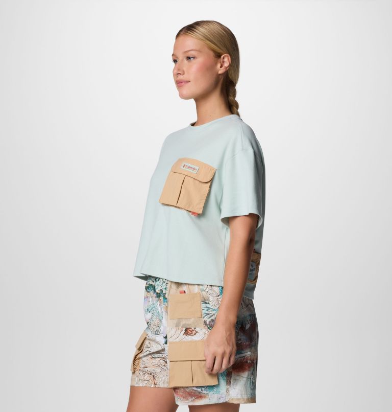 Women's Cove Beach Cropped Pocket T-Shirt, Color: Cool Green, Canoe, image 3