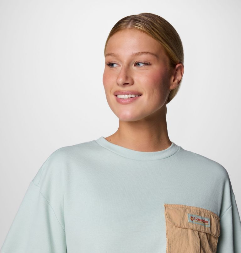 Women's Cove Beach Cropped Pocket T-Shirt, Color: Cool Green, Canoe, image 4