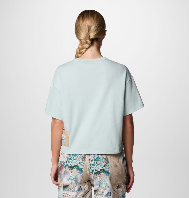 Women's Cove Beach Cropped Pocket T-Shirt, Color: Cool Green, Canoe, image 2