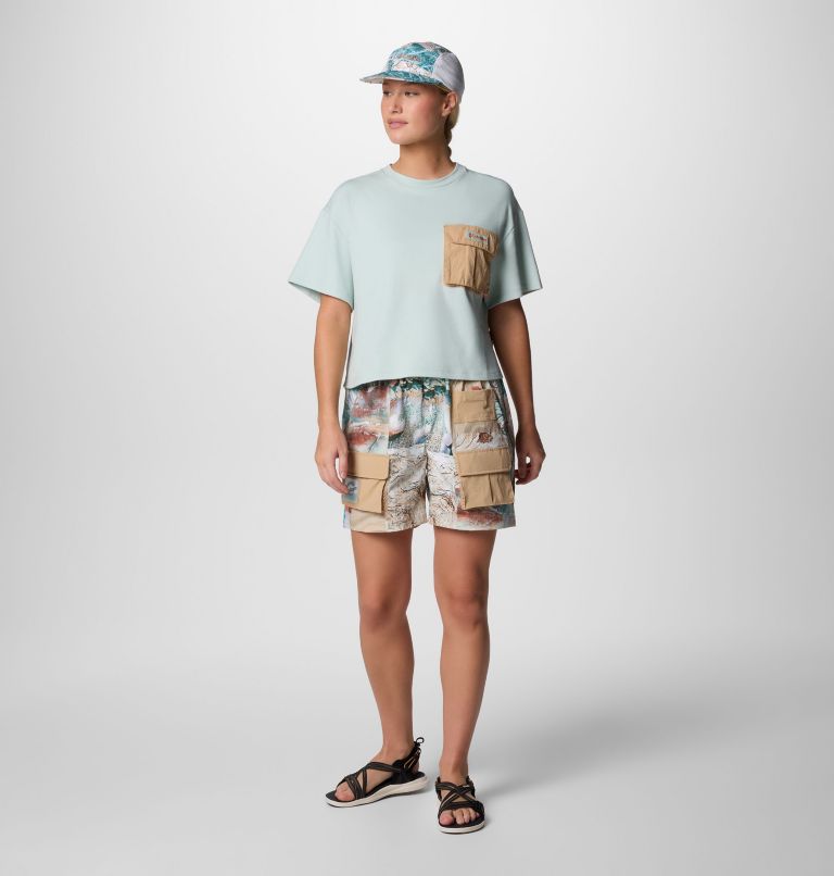 Women's Cove Beach Cropped Pocket T-Shirt, Color: Cool Green, Canoe, image 6