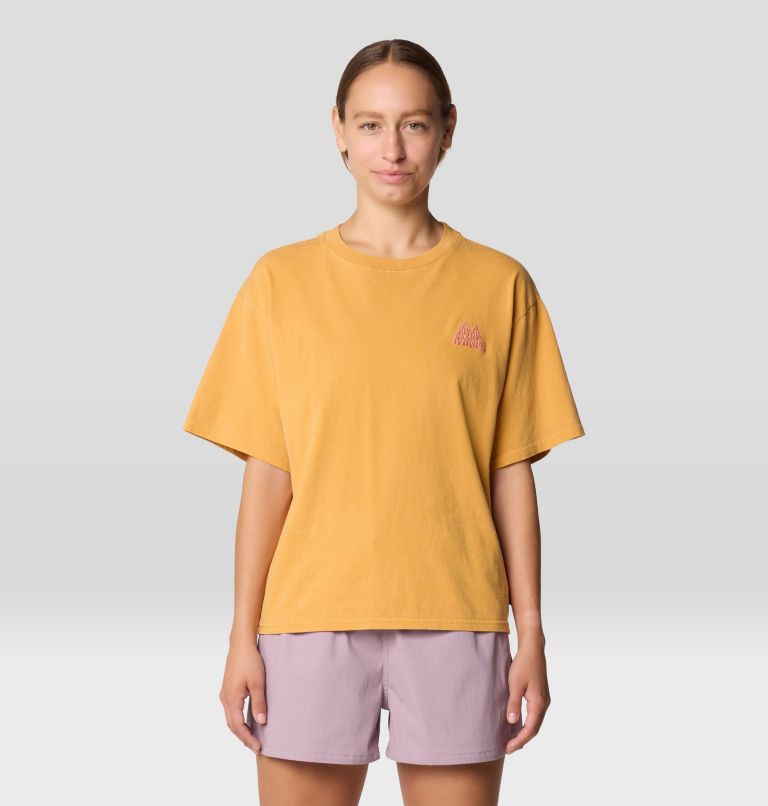 Women's MHW Mountains Collab Short Sleeve, Color: Sundown Gold, image 1