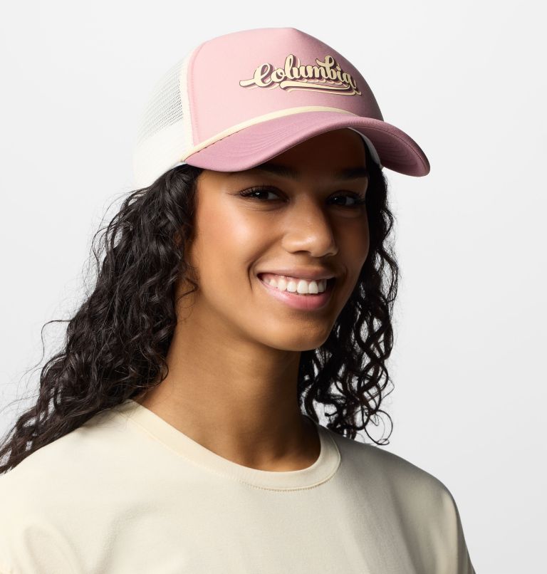 Women's Misty Ridge Women's Foam Trucker Hat, Color: Eraser Pink, Fig, Chalk, Elevated Script, image 2