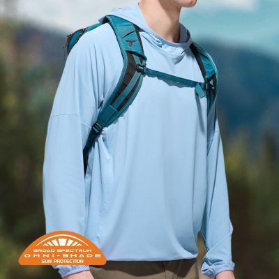 Model walking in a sunny scene and the Omni shade tech badge in bottom left.