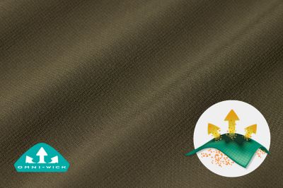 Close up of fabric with the Omni Wick logo in the bottom left and a graphic showing how moisture evaporates from the fabric's surface.