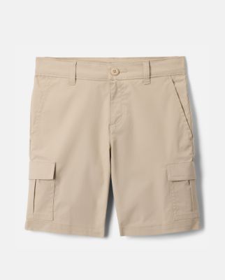 Flatlay of tan shorts.