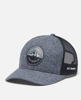 A grey ball cap with a mountain design on the front.