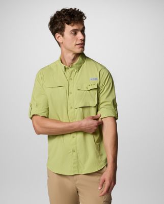Man wearing a short-sleeve button-up shirt.