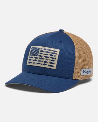 A tan baseball hat with a mountain logo on the front.