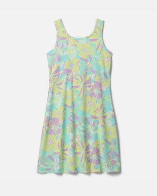 Flatlay of a floral green and purple dress.