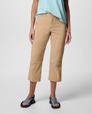 A woman wearing tan capris and sandals.