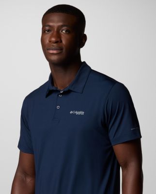 Man wearing a blue polo shirt.