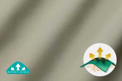 Close up of fabric with the Omni Wick logo in the bottom left and a graphic showing how moisture evaporates from the fabric's surface.