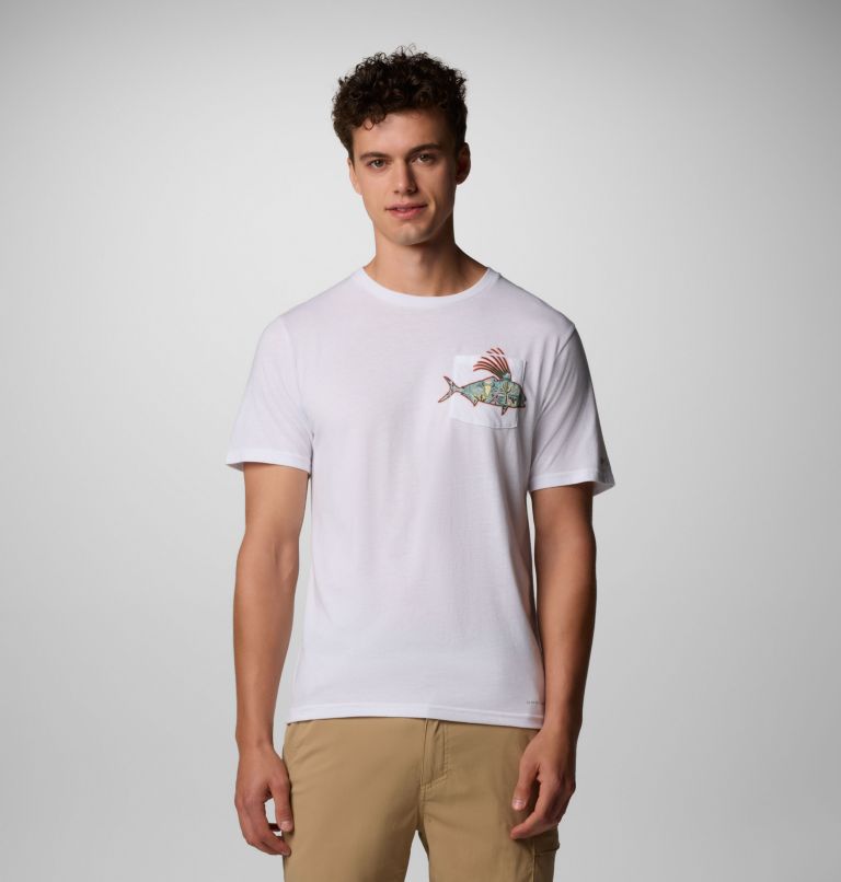 Men's PFG Wild Cast Pocket T-Shirt, Color: White, PFG Pocket Baja Rooster, image 1
