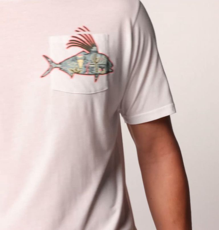Men's PFG Wild Cast Pocket T-Shirt, Color: White, PFG Pocket Baja Rooster