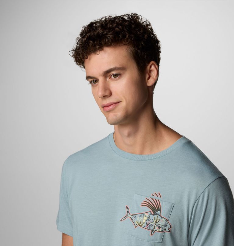 Men's Wild Cast Pocket T-Shirt, Color: Crushed Blue, PFG Pocket Baja Rooster, image 5