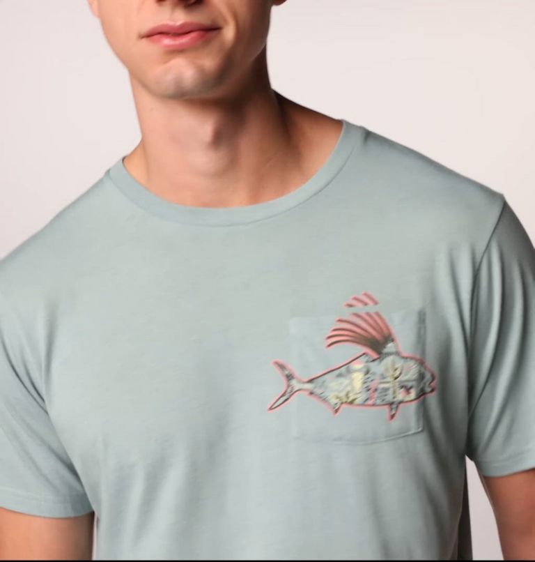 Men's Wild Cast Pocket T-Shirt, Color: Crushed Blue, PFG Pocket Baja Rooster
