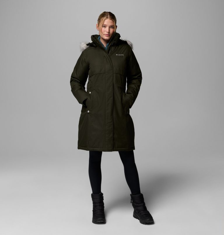 Women's Apres Arson II Winter Long Down Jacket, Color: Greenscape, image 1