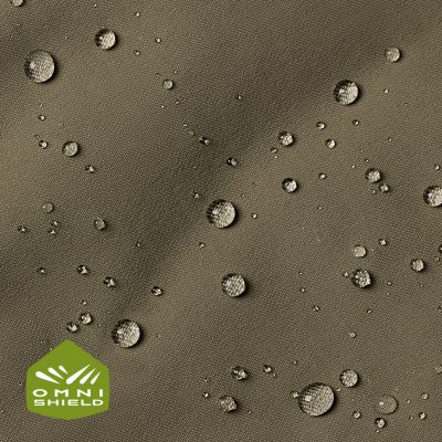 Close up of fabric with the Omni Shield logo in the bottom left and a graphic showing how moisture beads on the fabric's surface.