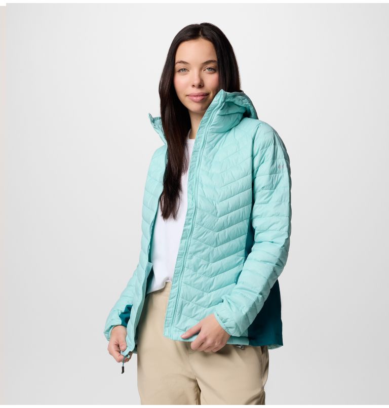 Women's Powder Pass II Hybrid Hooded Puffer Jacket, Color: Spray, River Blue, image 5