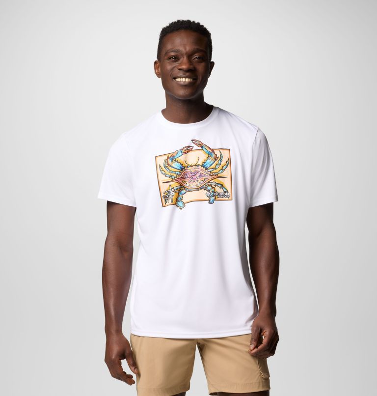 Men's Terminal Tackle PFG x Bentley Short Sleeve Shirt, Color: White, PFG Bentley Crab, image 1
