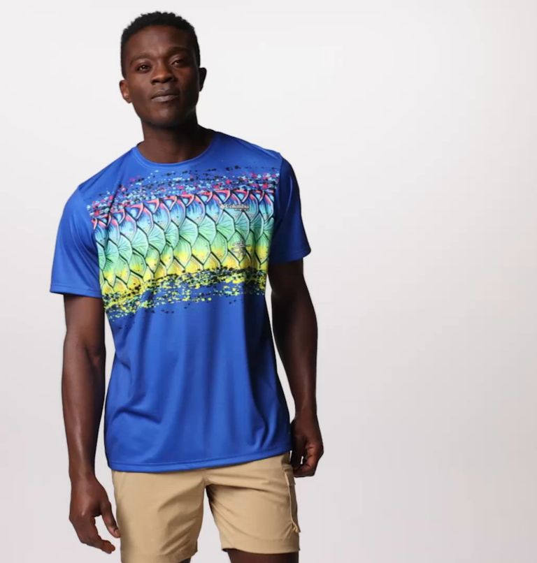 Men's Terminal Tackle PFG x Bentley Short Sleeve Shirt, Color: Vivid Blue, PFG Bentley Tarpon Scales