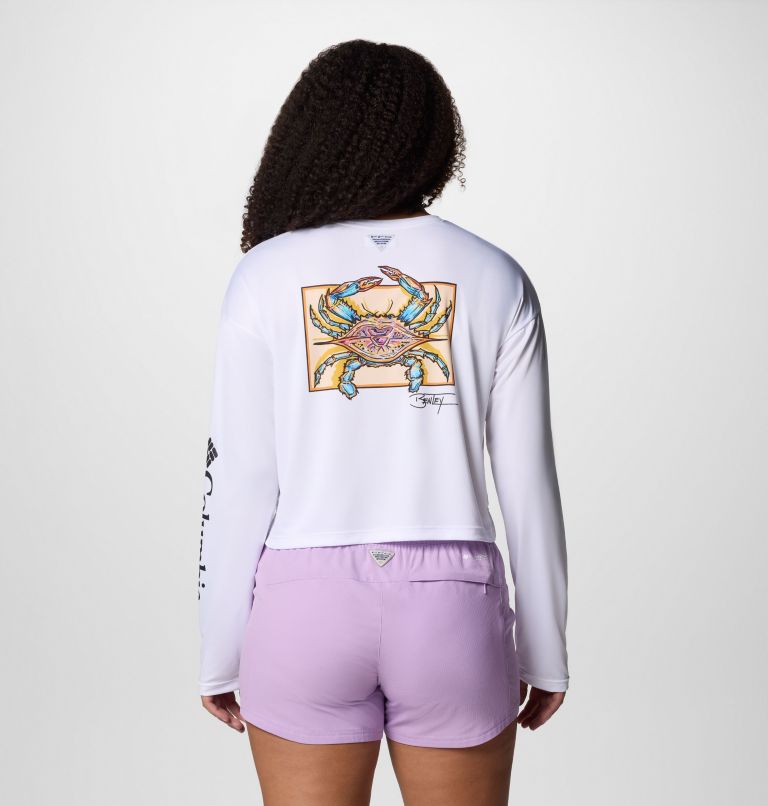 Women's Tidal Light PFG x Bentley Long Sleeve Shirt, Color: White, PFG W Bentley Crab, image 1
