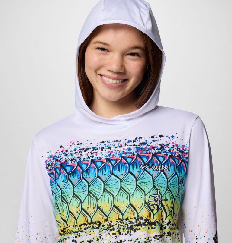 Women's Tidal Light PFG x Bentley Hoodie, Color: White, PFG W Bentley Tarpon Scales, image 4