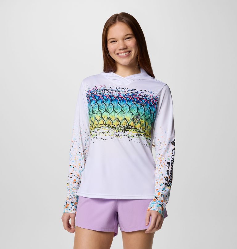 Women's Tidal Light PFG x Bentley Hoodie, Color: White, PFG W Bentley Tarpon Scales, image 1