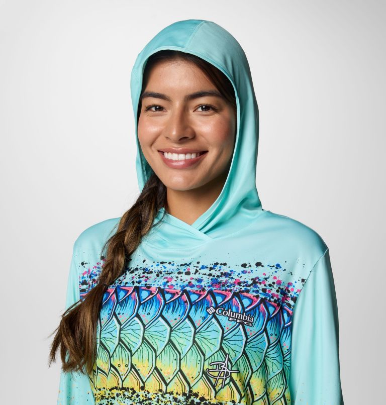 Women's Tidal Light PFG x Bentley Hoodie, Color: Gulf Stream, PFG W Bentley Tarpon Scales, image 4
