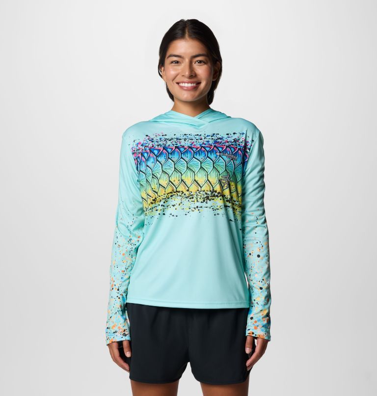Women's Tidal Light PFG x Bentley Hoodie, Color: Gulf Stream, PFG W Bentley Tarpon Scales, image 1