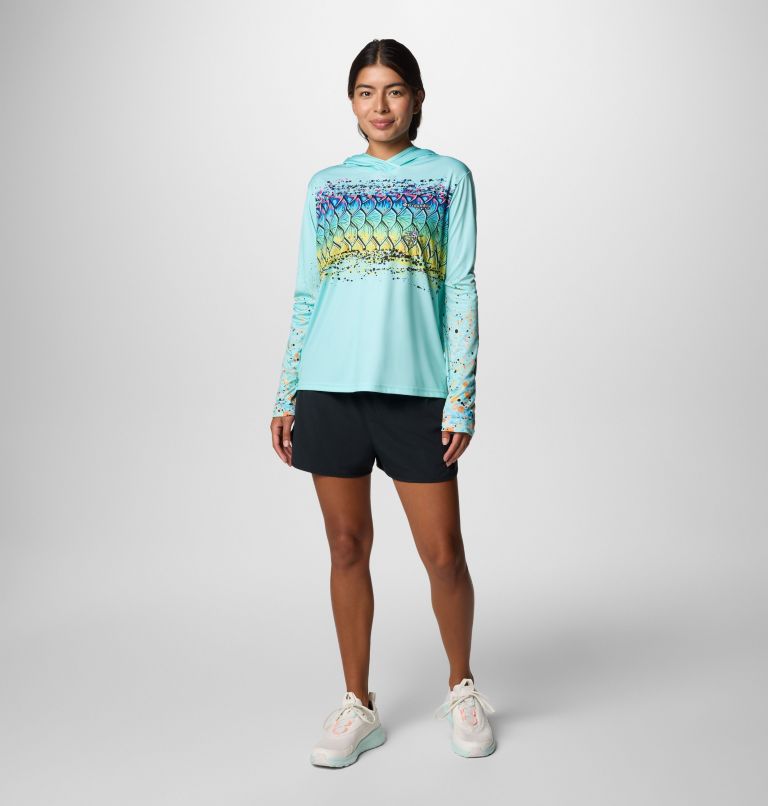 Women's Tidal Light PFG x Bentley Hoodie, Color: Gulf Stream, PFG W Bentley Tarpon Scales, image 7