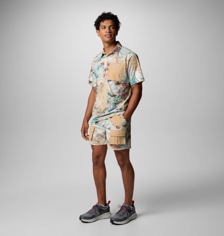 Cove Beach Kurzarm-Hemd aus Gewebe mit Print für Unisex, Color: Cool Green Coastal, Canoe, image 3