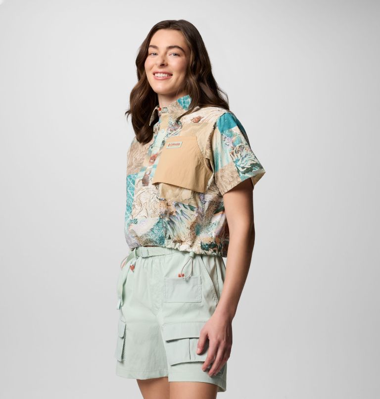 Women's Cove Beach Printed Woven Cropped Short Sleeve Shirt, Color: Cool Green Coastal, Canoe, image 3
