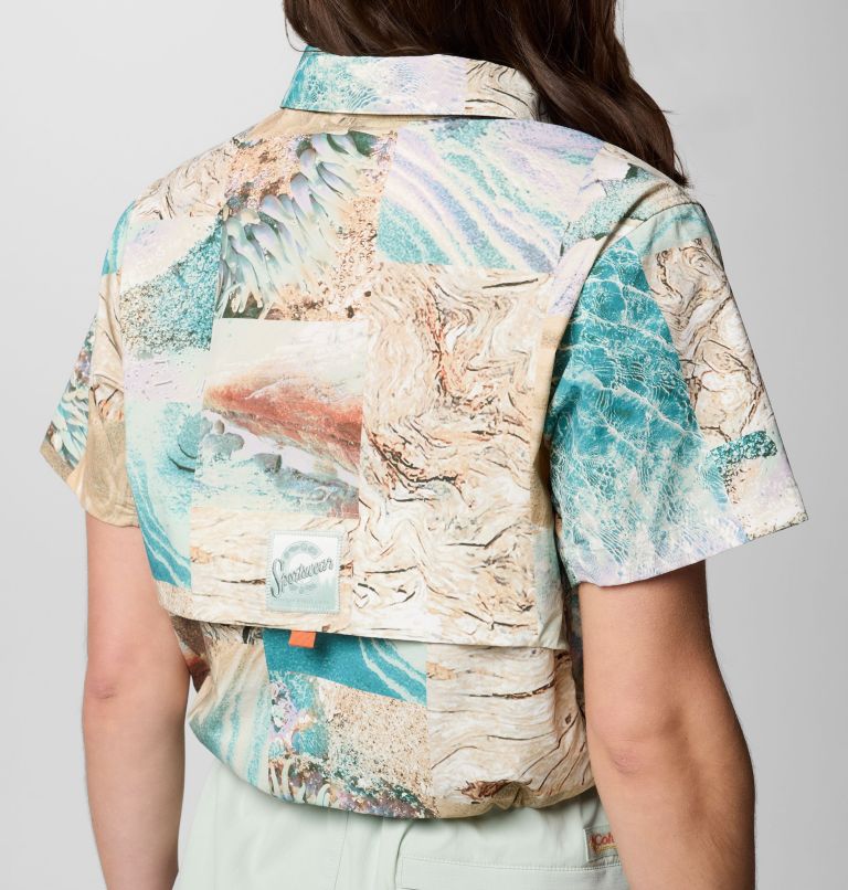 Women's Cove Beach Printed Woven Cropped Short Sleeve Shirt, Color: Cool Green Coastal, Canoe, image 5