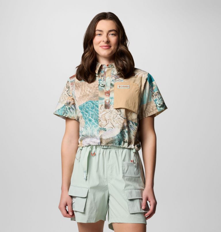 Women's Cove Beach Printed Woven Cropped Short Sleeve Shirt, Color: Cool Green Coastal, Canoe, image 1