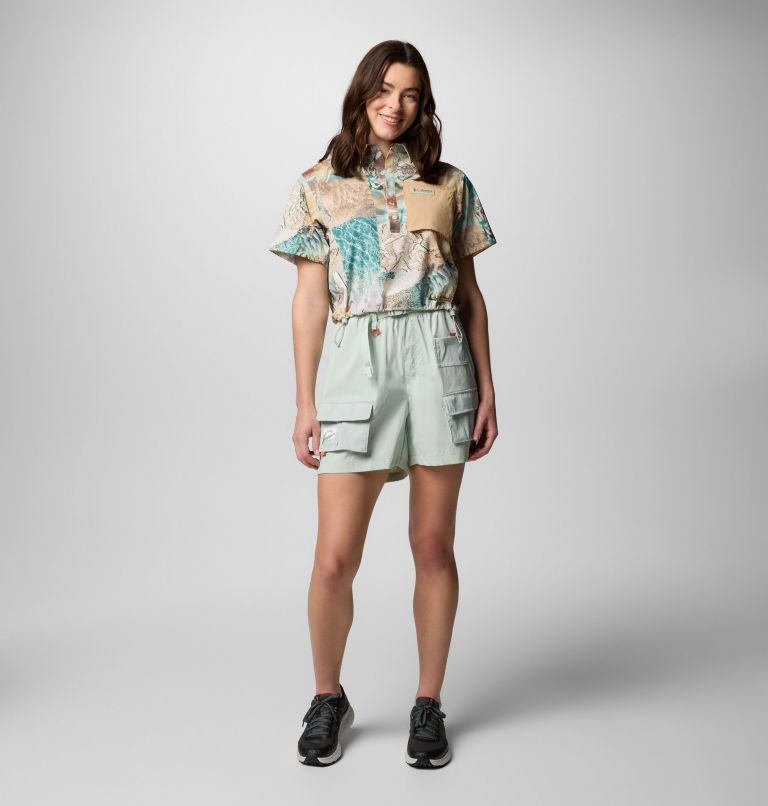 Women's Cove Beach Printed Woven Cropped Short Sleeve Shirt, Color: Cool Green Coastal, Canoe, image 6