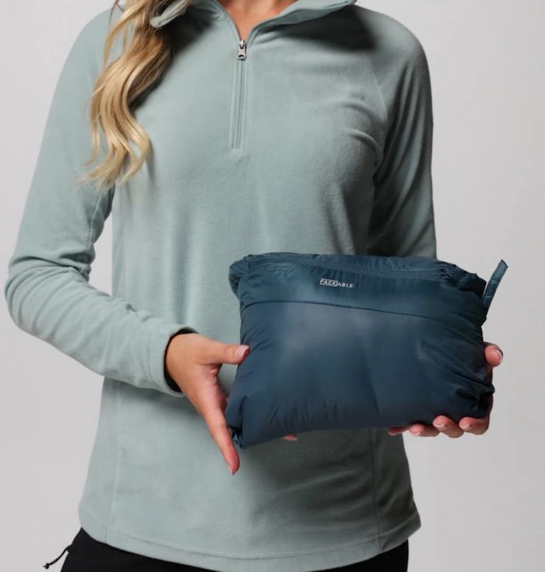 Chaqueta fácil de guardar de plumón con capucha Corelite para mujer, Color: Everblue