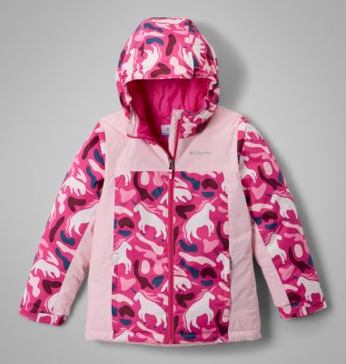 Girls' Horizon Ride IV Printed Waterproof Ski Jacket, Color: Pink Ice Uniflauge, Satin pink, image 1