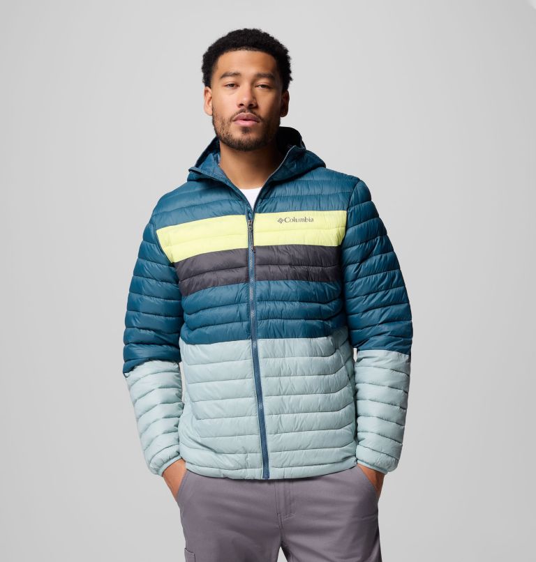 Men's Powder Pass Hooded Jacket, Color: Crushed Blue, Everblue, Neon Light, Shrk, image 1