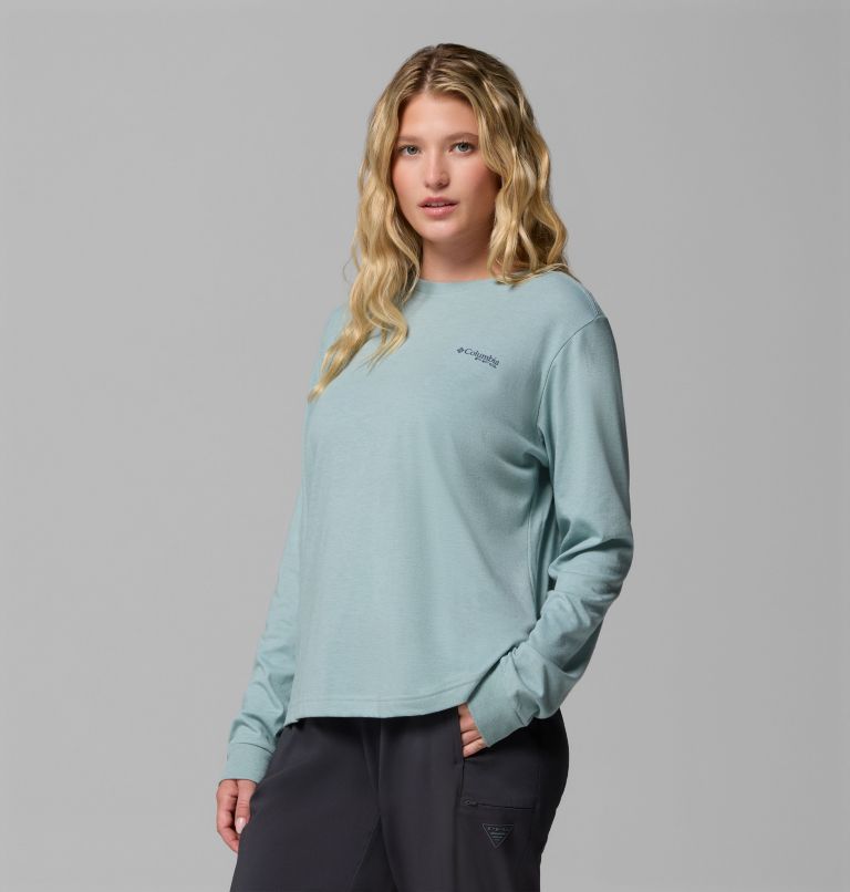 Women's PFG Uncharted Graphic Long Sleeve T-Shirt, Color: Crushed Blue Heather, Swamplands, image 4