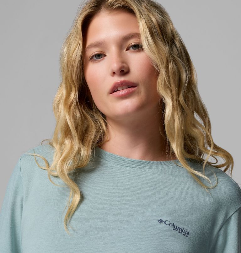 Women's PFG Uncharted Graphic Long Sleeve T-Shirt, Color: Crushed Blue Heather, Swamplands, image 5