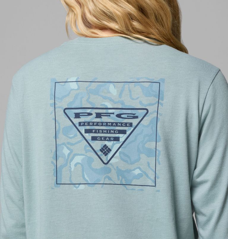 Women's PFG Uncharted Graphic Long Sleeve T-Shirt, Color: Crushed Blue Heather, Swamplands, image 6