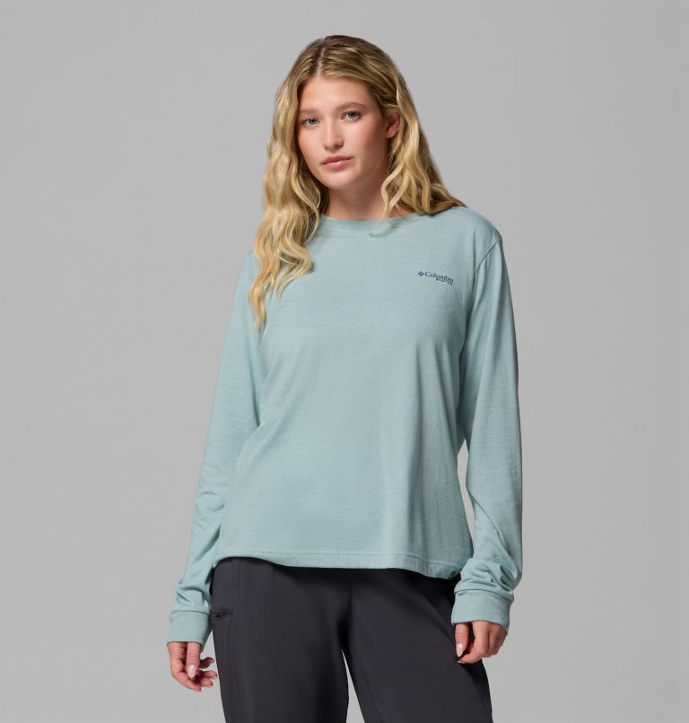 Women's PFG Uncharted Graphic Long Sleeve T-Shirt, Color: Crushed Blue Heather, Swamplands, image 1