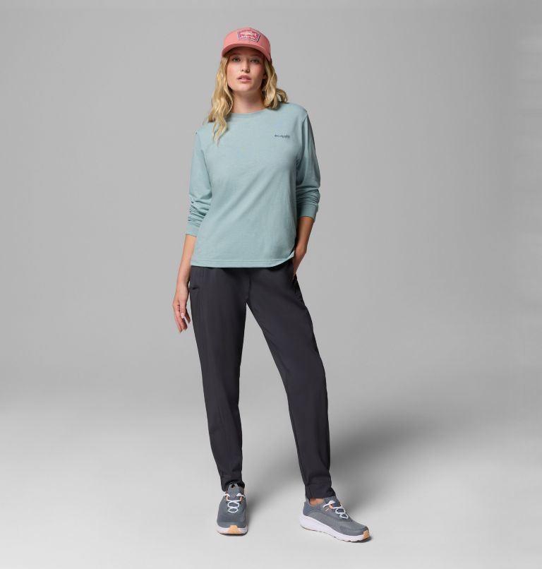 Women's PFG Uncharted Graphic Long Sleeve T-Shirt, Color: Crushed Blue Heather, Swamplands, image 2