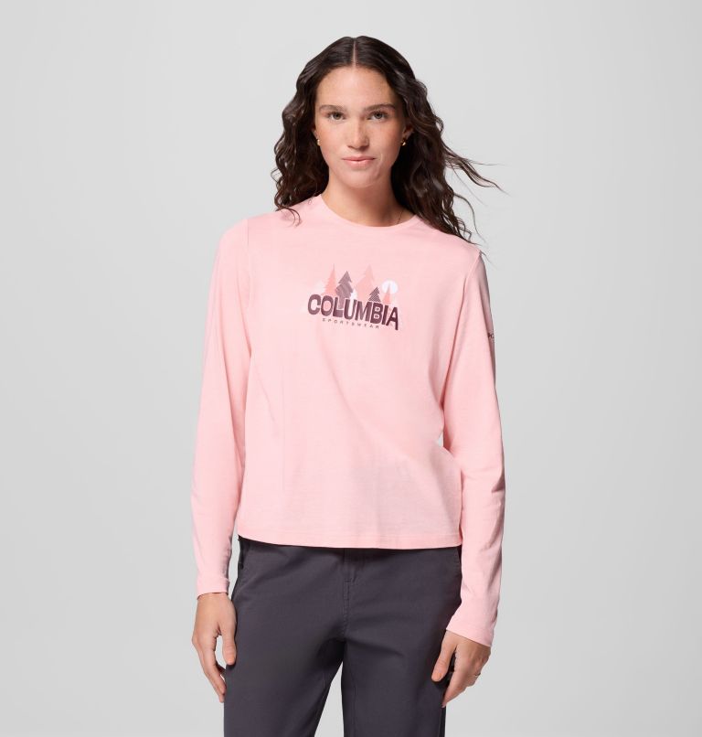 Women's Ruby Springs Graphic Long Sleeve T-Shirt, Color: Pink Sand, Colorful Treescape, image 1