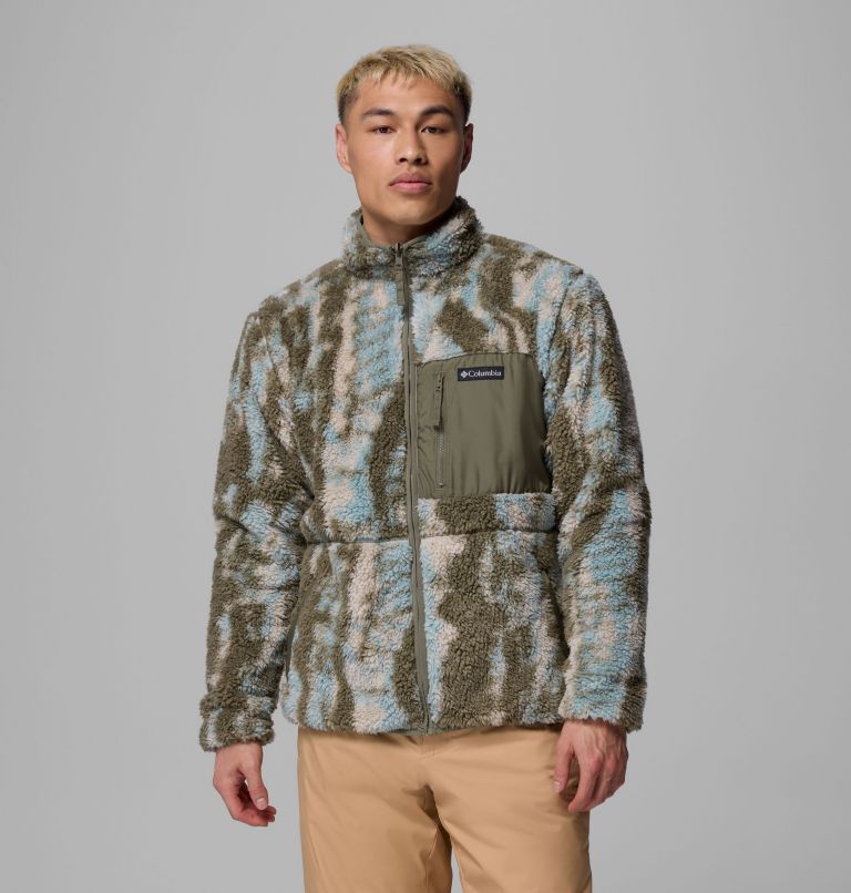 Men's Winter Pass Reversible Sherpa Fleece Jacket, Color: Stone Green, Tracks, image 1